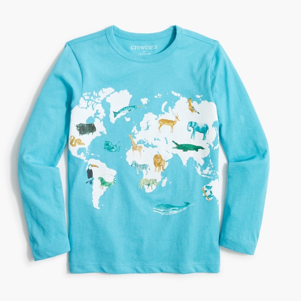 CREWCUTS 100% Cotton World Map Animals Long Sleeve Shirt